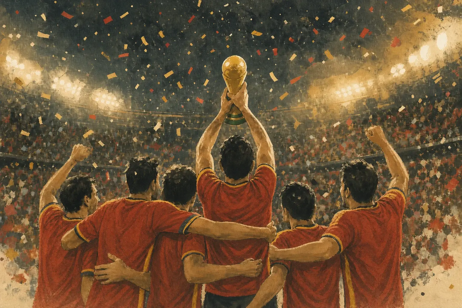 Original editorial illustration of Spain's men's football players in red lifting a golden trophy in a full stadium.